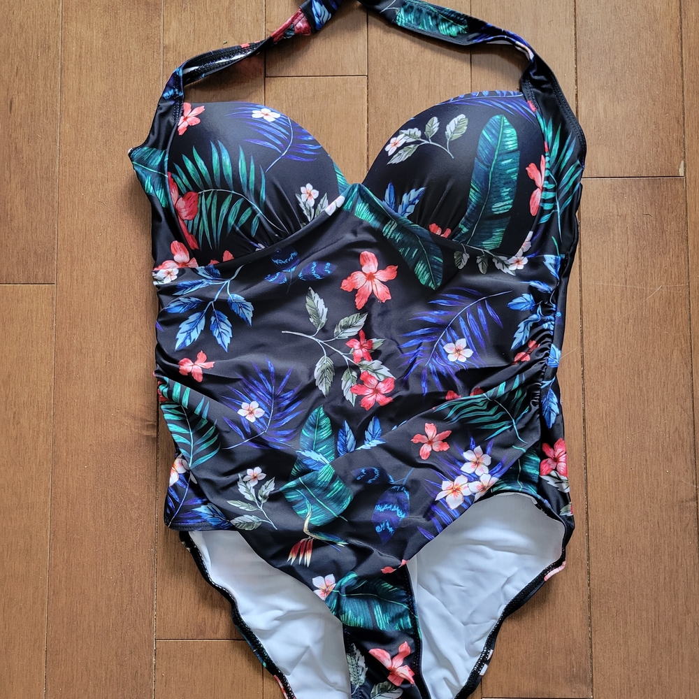 SHEIN Black Tropical Floral One-Piece Swimsuit with Multicolor Leaf Print